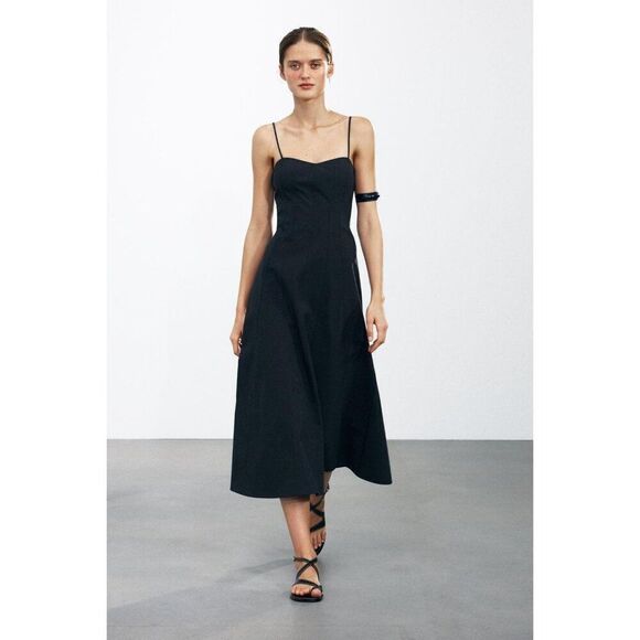 Zara Dresses & Skirts - Zara Womens Midi Dress xl  Navy Blue Poplin V-Neck  Zw Collection 2973/257 NWT